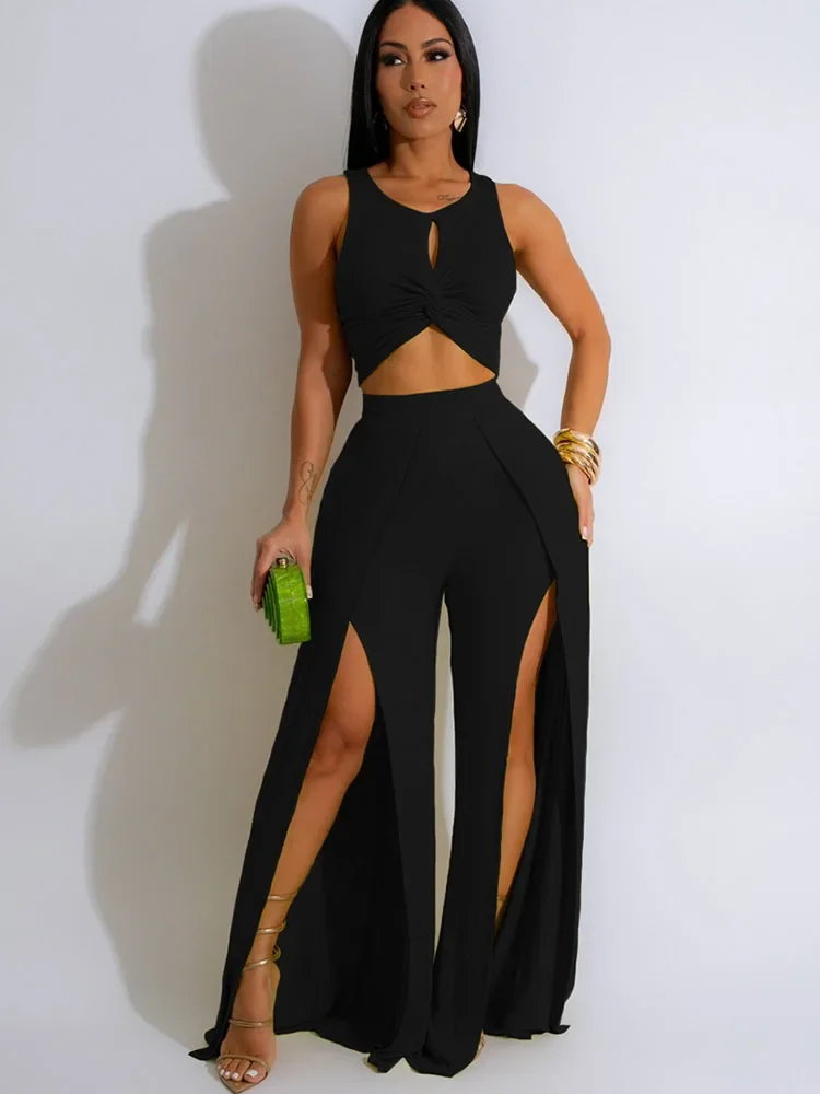 Solid 2 Peice Set Woman Sexy Club Outfits Tank Sleeveless Draped Cutout Crop Top and Split Wide Leg Pants Set Women 2 Piece Sets