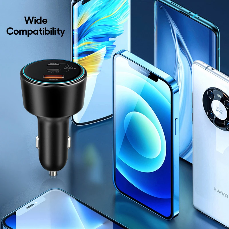 Ubigbuy 200W Car Charger 3-Port Quick Charge 3.0 USB C PD 100W PPS 45W Super Fast Charging for MacBook Pro iPhone 15 Samsung S23