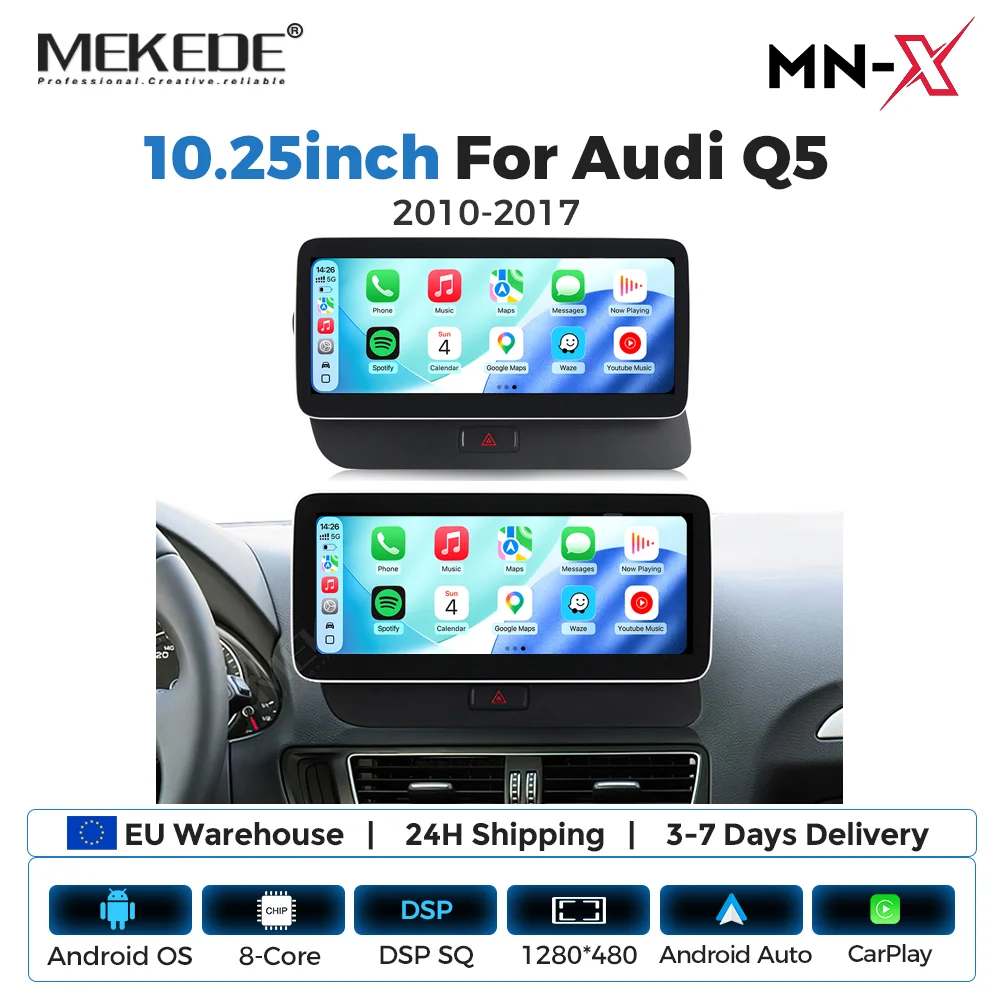 MEKEDE EU Store Autoradio Android 10,25 pouces 6+128G avec CarPlay sans fil et Android Auto pour Audi Q5 2009 2010 2011 2012 2013 2014 2015 2016, Navigation GPS Android, Lecteur Multimédia, WiFi, DSP, RDS, BT, SWC, Écran Tactile IPS, Lecteur Vidéo, Unité Centrale Stéréo