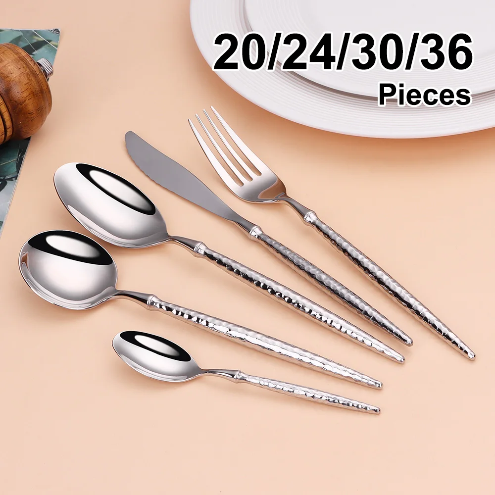 

20/24/25/30/36Pcs Stainless Steel 304 Silver Tableware Gold Cutlery Hammer Handle Fork Spoon Mirror Dinner Set Kitchen Utensils