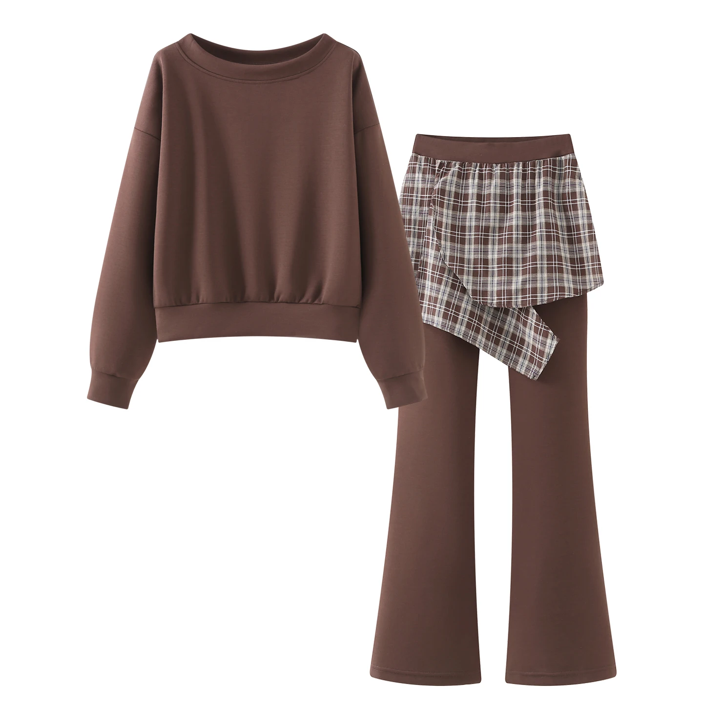 

Korean High-End Sle Lazy Loose oulder Slimming Sweatirt Plaid Splicing Casual Pants Two-Piece Set Women's Faion Sprin...