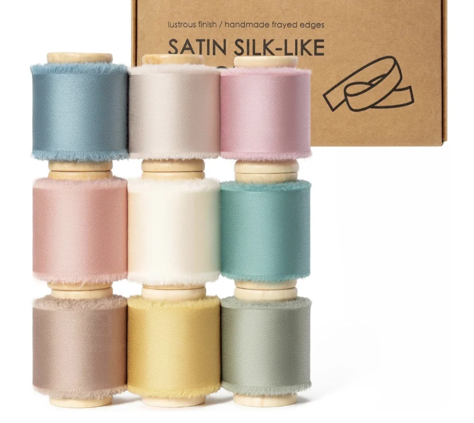 Silk Satin Ribbon 1-1/2 Inch x 45 Yard Wooden Spool Assorted Color Handmade Frayed Ribbons for Gift Wrapping Baby Shower Wedding