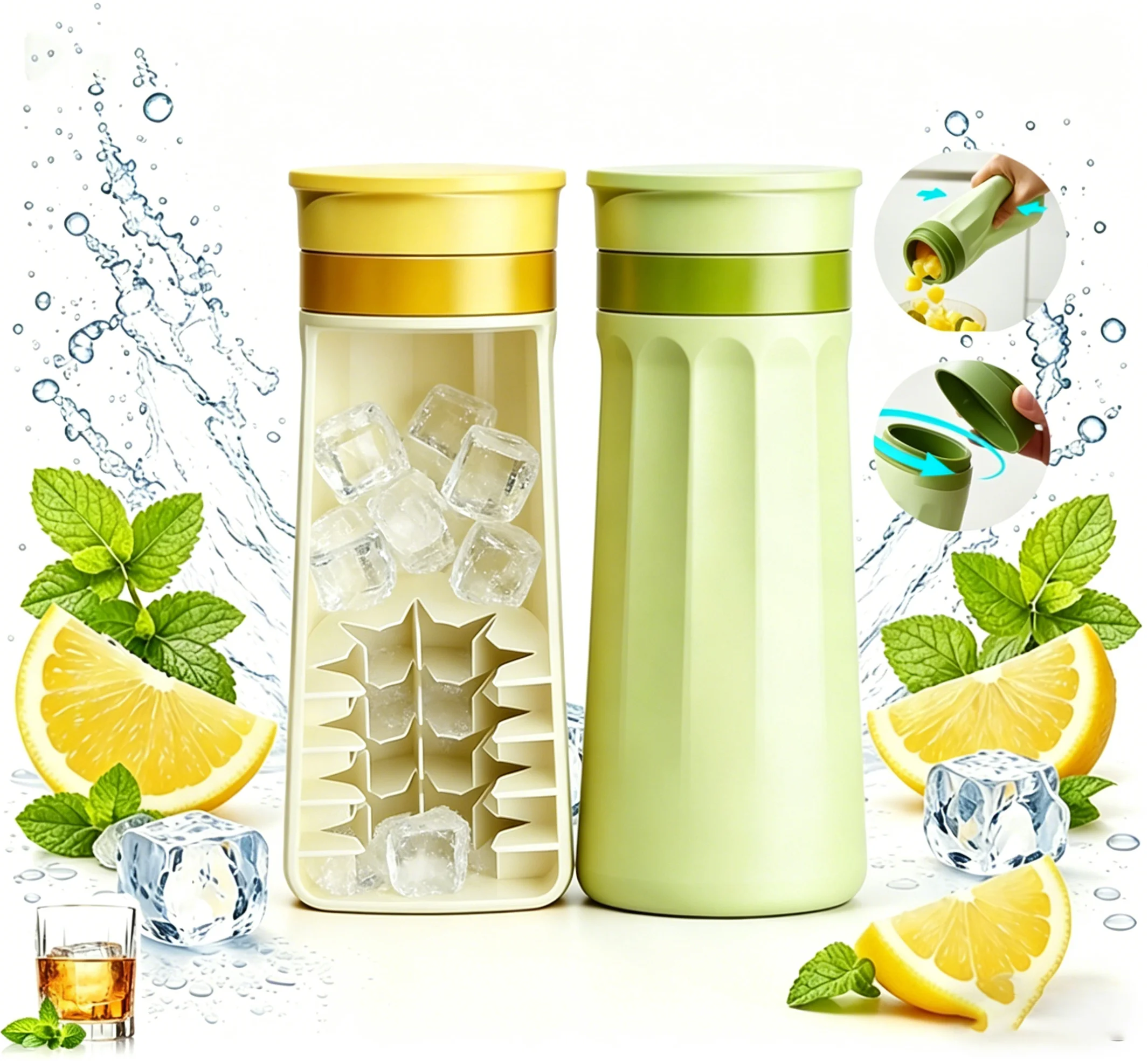 2026 New Arrivals 2 in 1 Ice Cube Bottle Easy Release Leak-proof Ice Cube Mold Maker Coffee Drinking Cups with Lid