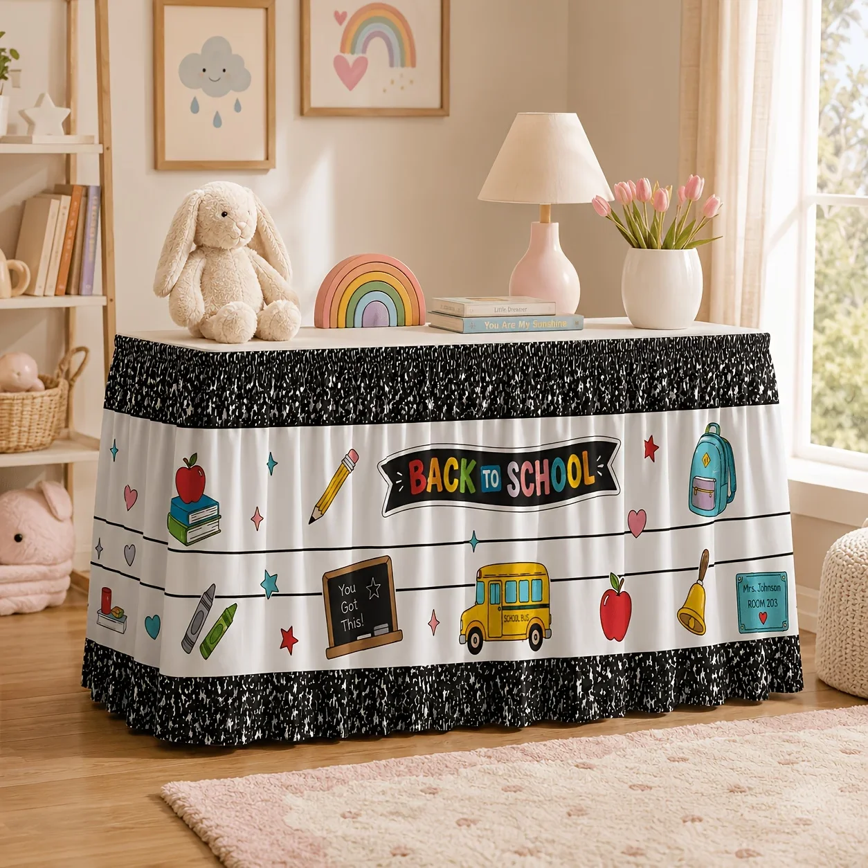 Tablecloth, table skirt 1 piece Back-to-school season School bus stationery print Polyester table skirt