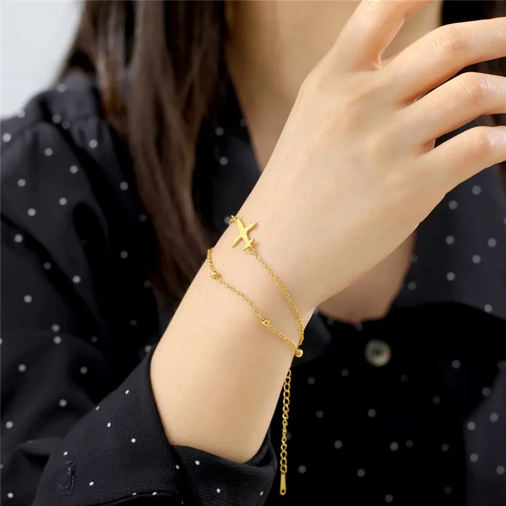 Cazador Trendy Plane Charm Bracelets Woman Men Stainless Steel Airplane Pendant Beads Chain Hand Bracelets Jewelry Pilot Gifts