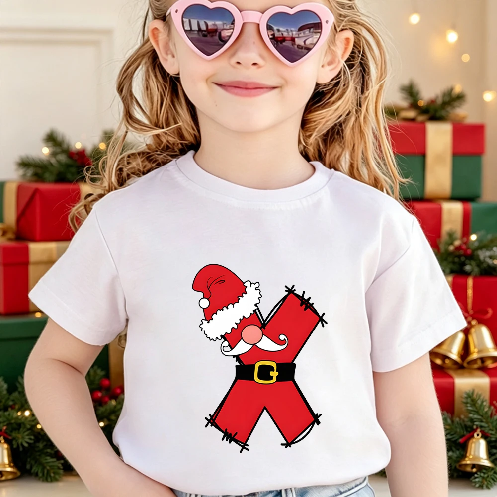 Christmas Santa Style Print Kids T‑Shirt 26 A‑Z Alphabet Cotton Boys Girls Short Sleeve O‑Neck Casual Xmas Holiday Party Tee Top