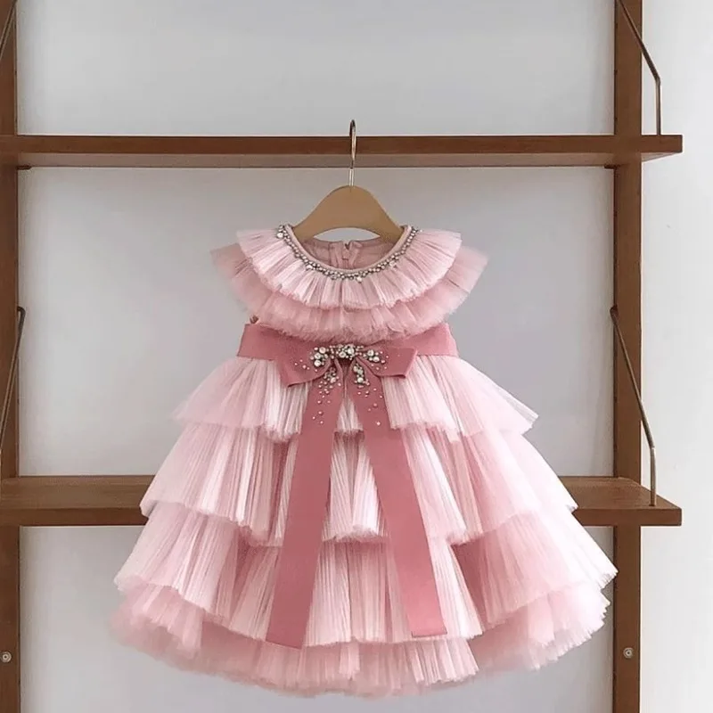 Kids clothes Girls dress 2025 new children's pink birthday bow temperament tutu yarn princess dress