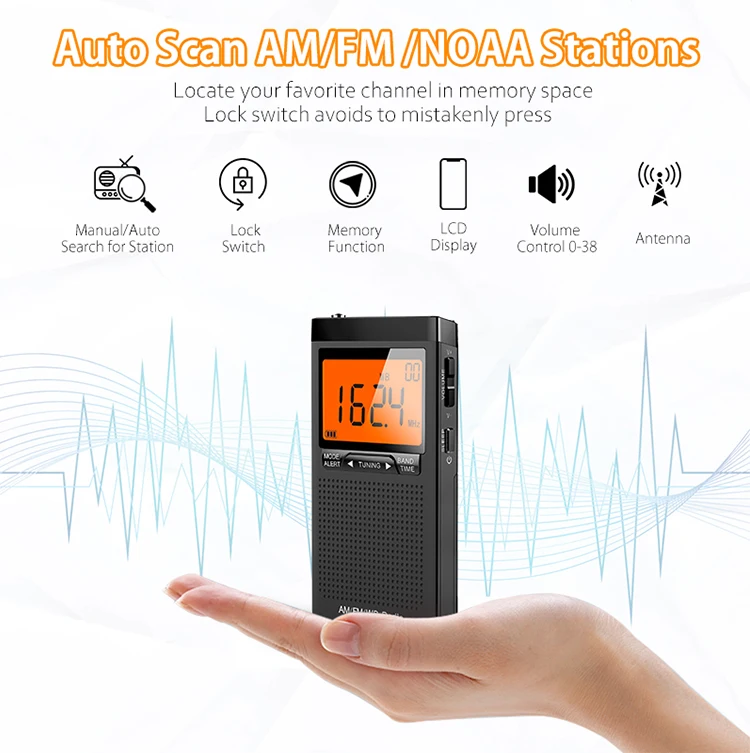 AM FM NOAA Portable Radio Weather Radio Mini Pocket Radio Excellent Reception Large LCD Screen Digtail Alarm Clock Radio