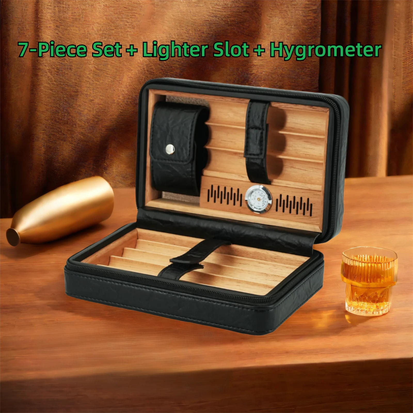 

Portable Cigar Humidor for Outdoor Camping & Travel, 7-Cigar Leather Case with Cedar Lining, Built-in Hygrometer & Lighter Slot