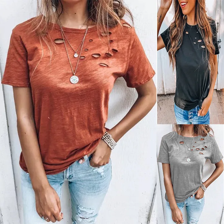 Loose Casual Women's T-Shirt Overhead round Neck Hole Short Sleeve Cross-Border Fashion Polyester Short Sleeve T-Shirt