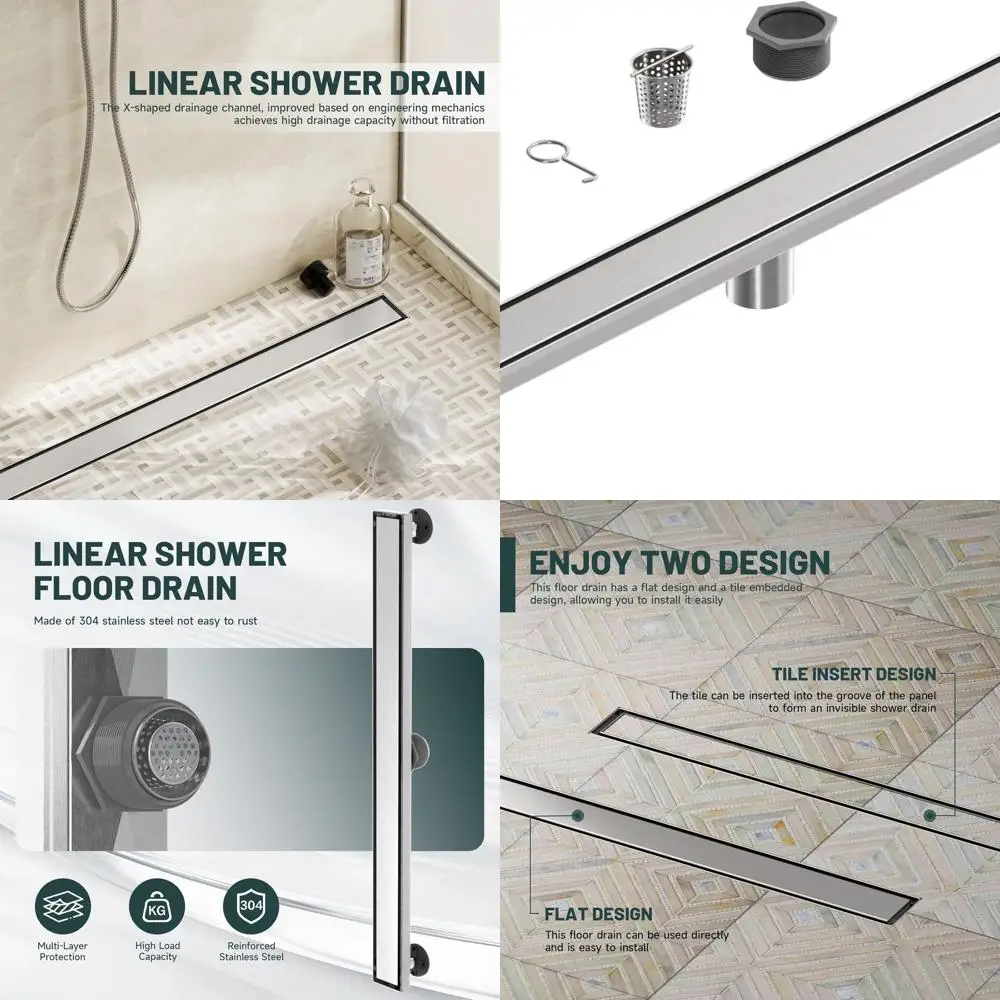 

32 Stainless Steel Rectangular Shower Drain with Hair Strainer, Brushed Nickel Finish