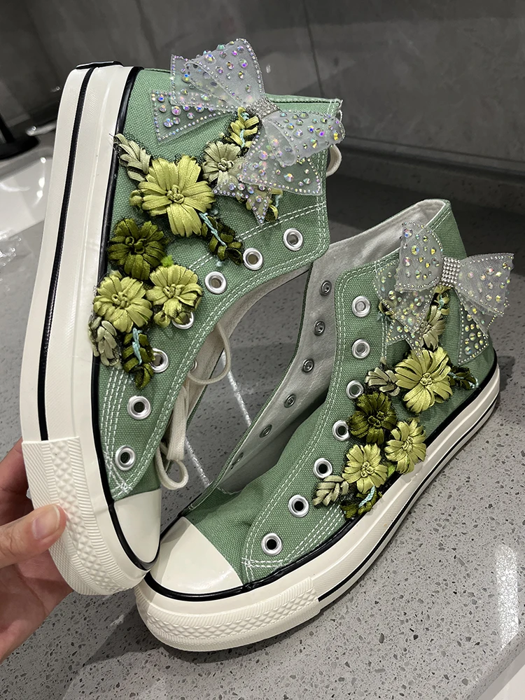 mambo Style Green Bow Embroidered Flowers Candy-colored Canvas Shoes very popular