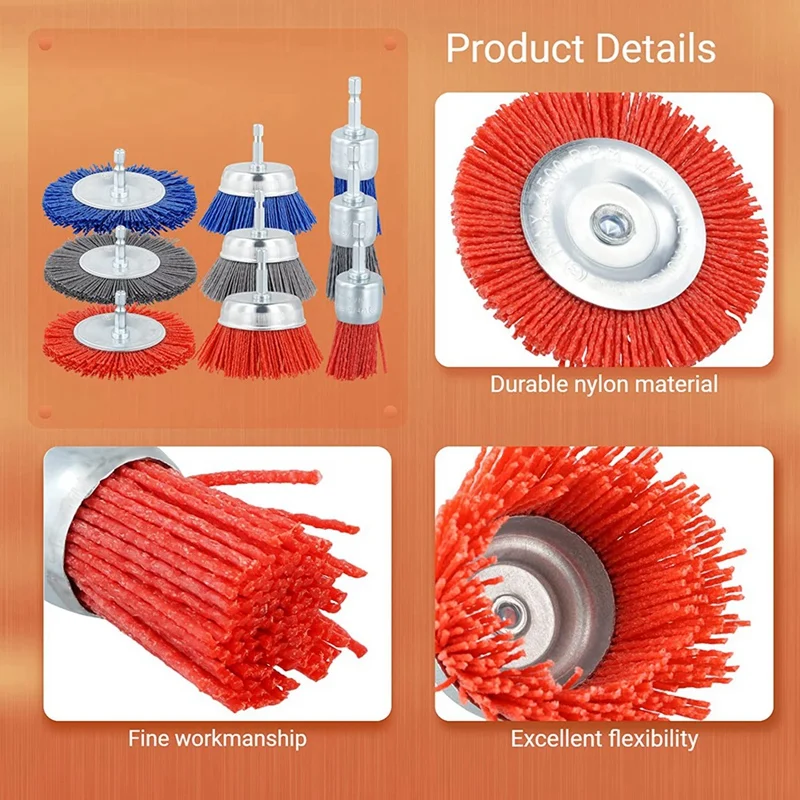 GTBL Filament Abrasive Wire Brush Wheels,3Sizes Nylon Drill Brush Set With 1/4In Drill For Removal Of Rust Corrosion Paint