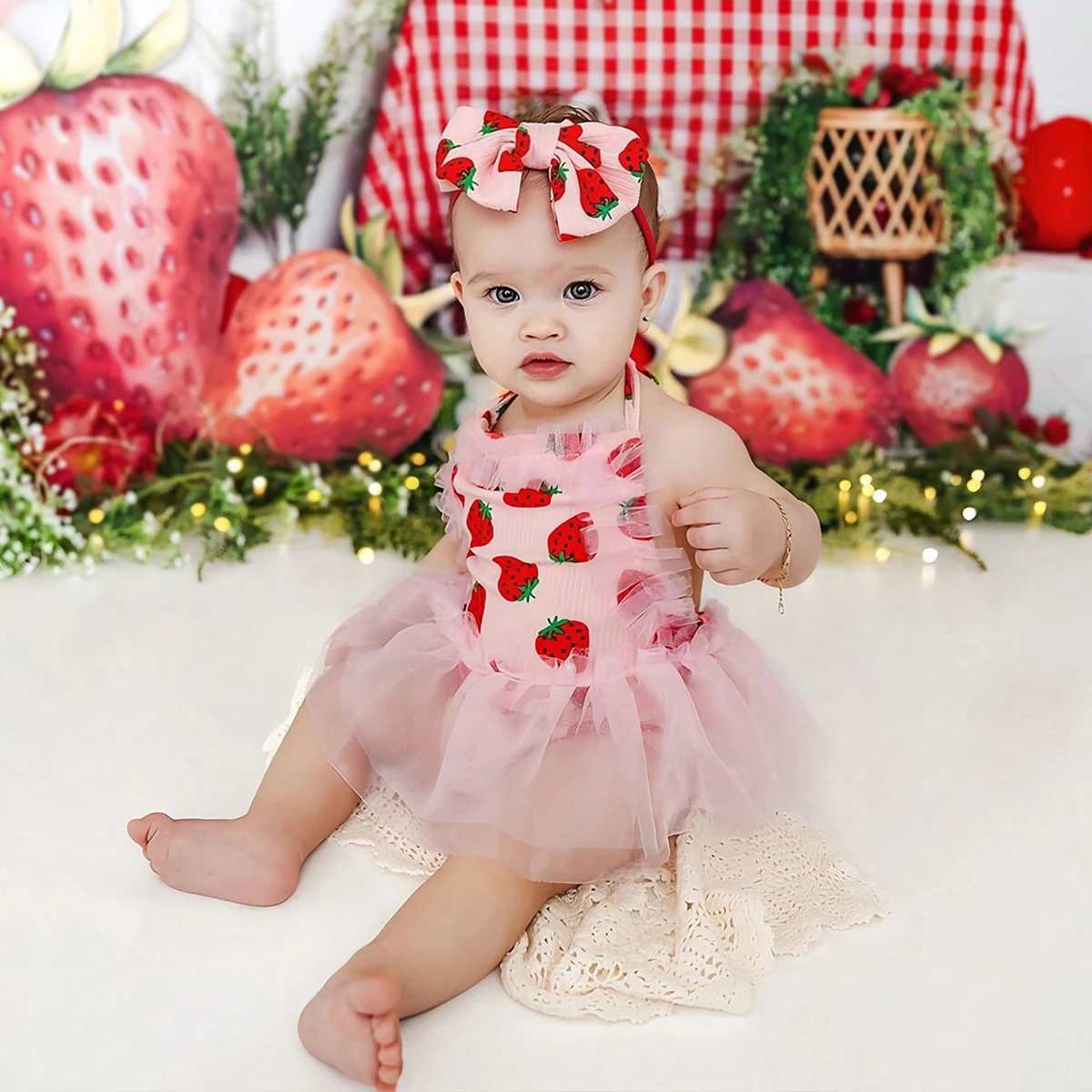 Ylsteed Strawberry Print Baby Girl Photo Shoot Outfits Pink Mesh Romper with Bowknot Headband Newborn Picture Shooting Props