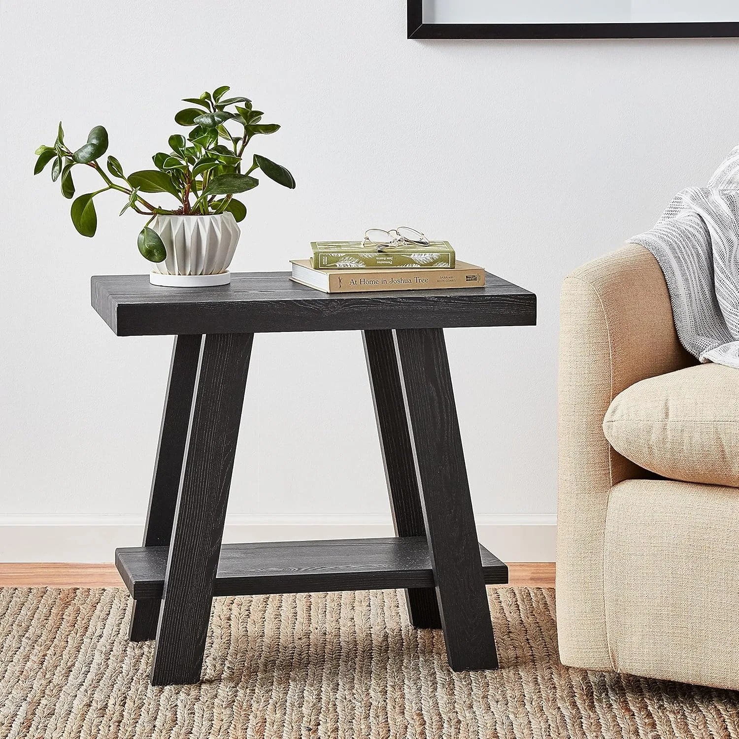 Contemporary Wood Small End Table，A shelf underneath the table top provides extra storage space