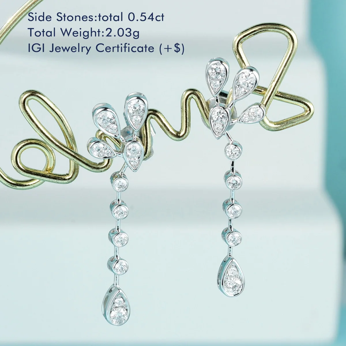 18K White Gold Lab Grown Diamond Earrings Pear and Round Peacock Shaped Lab Created Diamond Drop Earrings Luxury Gift for Women