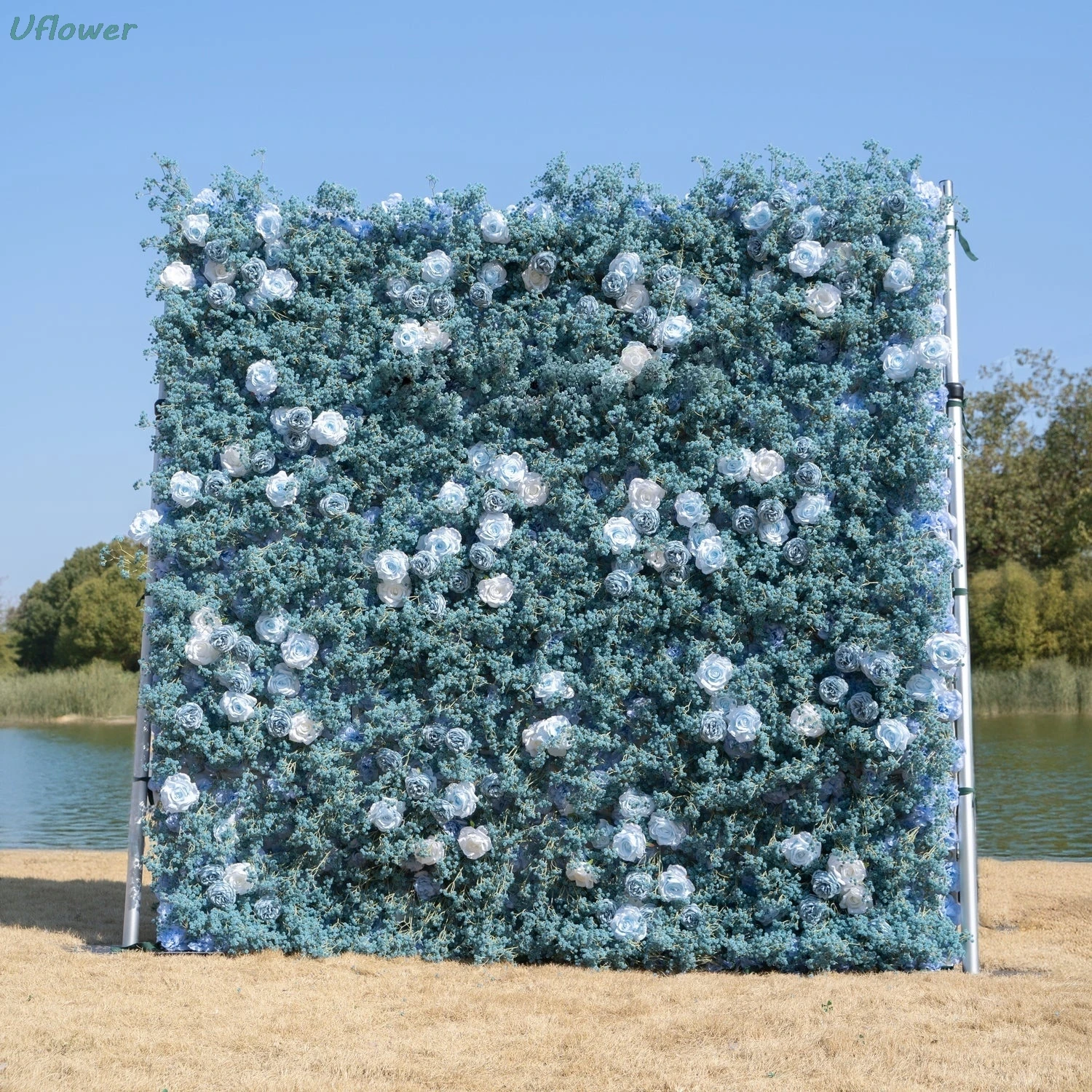 

Uflower Artificial Flower Wall Roll-Up Blue Fabric Floral Backdrop for Wedding Event Party Decorations Curtain