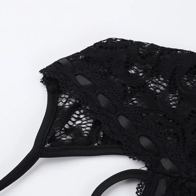 الدانتيل الرسن قطع التدريجي المرأة بذلة الثور القرن كم حلقة معدنية الملابس السوداء عارية الذراعين مكشوف الخصر الملابس الأحدث في الأوراق المالية #5