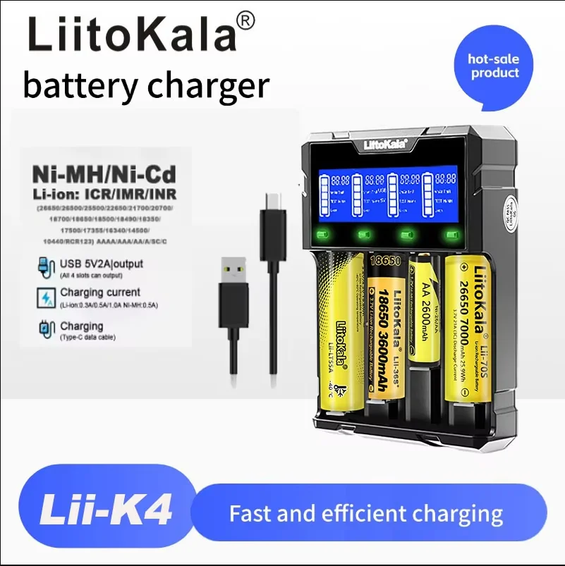 LiitoKala Lii‑K4 Smart 4 Slots LCD Battery Charger 2‑in‑1 Charger & Power Bank for 18650 21700 26650 16340 14500 Lithium Battery