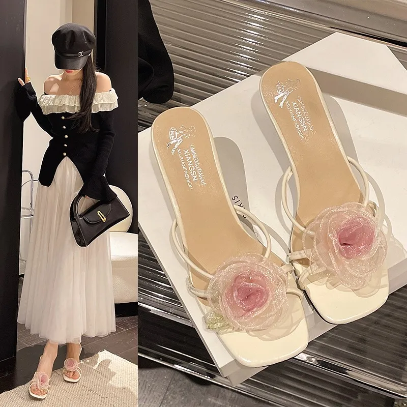 

Women's Elegant Square Toe 3D Rose Floral Kitten Heel Mules Thin Strap Slip-On Sandals for Party Wedding Evening Dress Shoes
