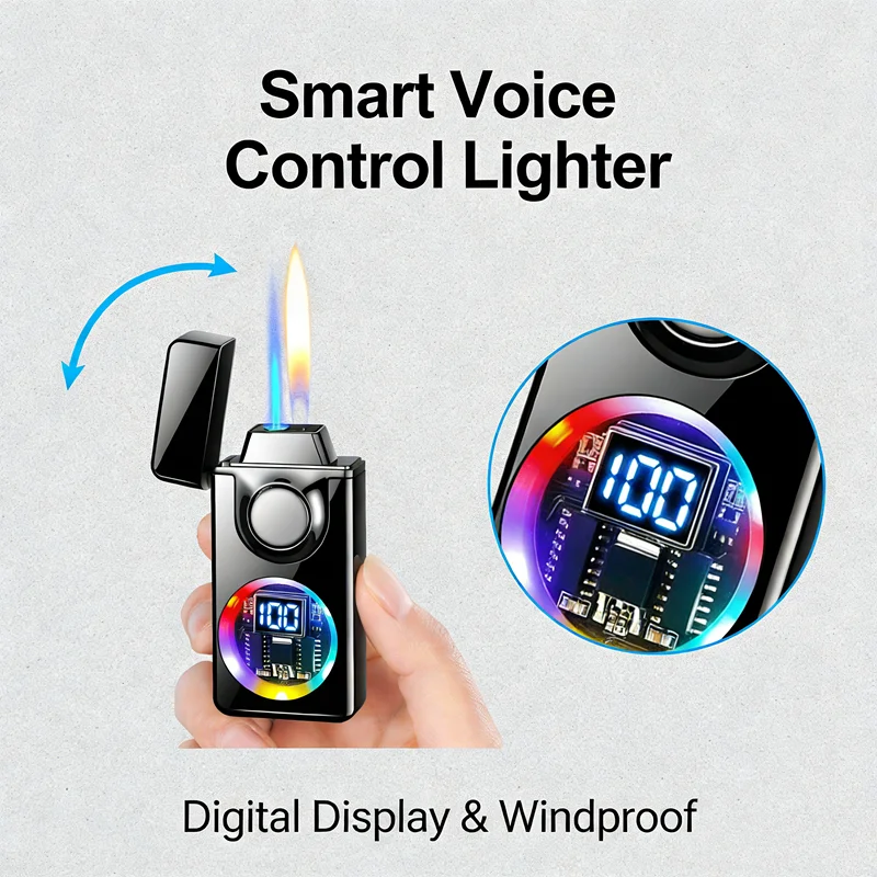 

2025 voice controlled gas lighter with 4 ignition modes, USB rechargeable display, open flame spray type