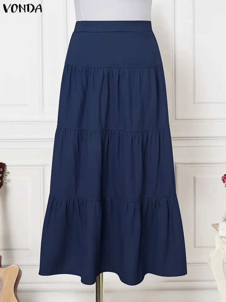 プラスサイズ 5XL VONDA エレガントなマキシスカート女性弾性ウエストジュープスファルダスサイアファッションカジュアルフリルロングスカートオーバースカート