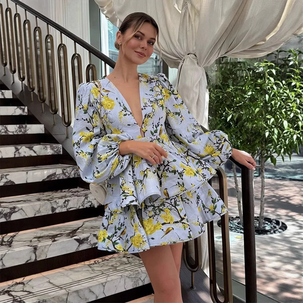 2025 novas mulheres amarelo decote em v impressão vestido curto lanterna manga em camadas saia francês elegante multi cores opções