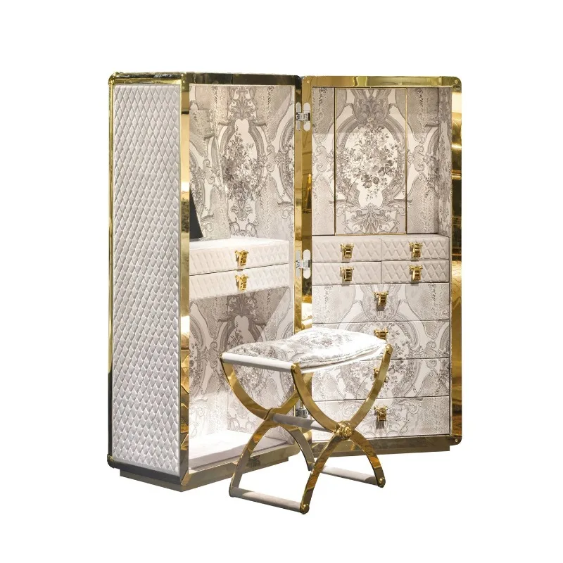 Italian high-end luxury floor-to-ceiling jewelry cabinet, solid wood villa luxury house with makeup stool jewelry storage