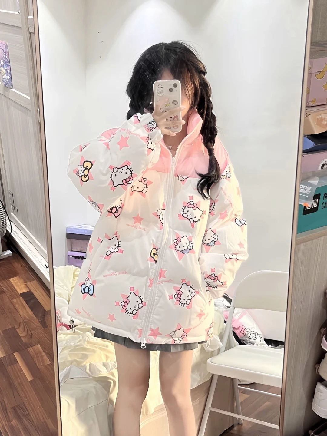 Hello Kitty Woman's Cotton-Padded Jacket Cute Full Print Color Blocked Coat Y2K Winter Jacket Bread Clothes Loose Cotton Clothes