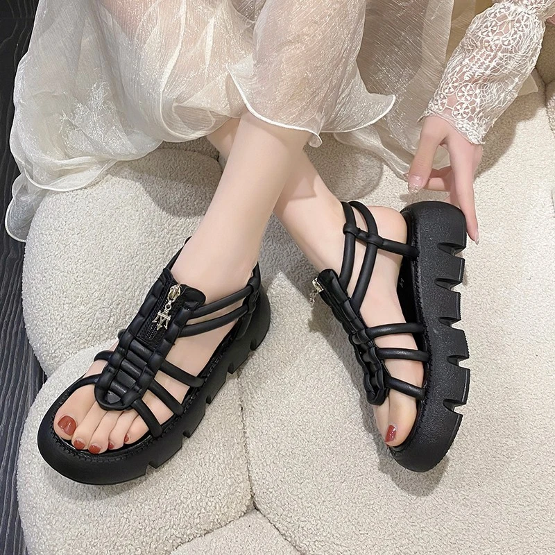 2024 New Summer Hot Selling Women Sandals Fashion Versatile Medium Heel Comfortable Thick Sole Solid Color Zipper Women\'s Shoes