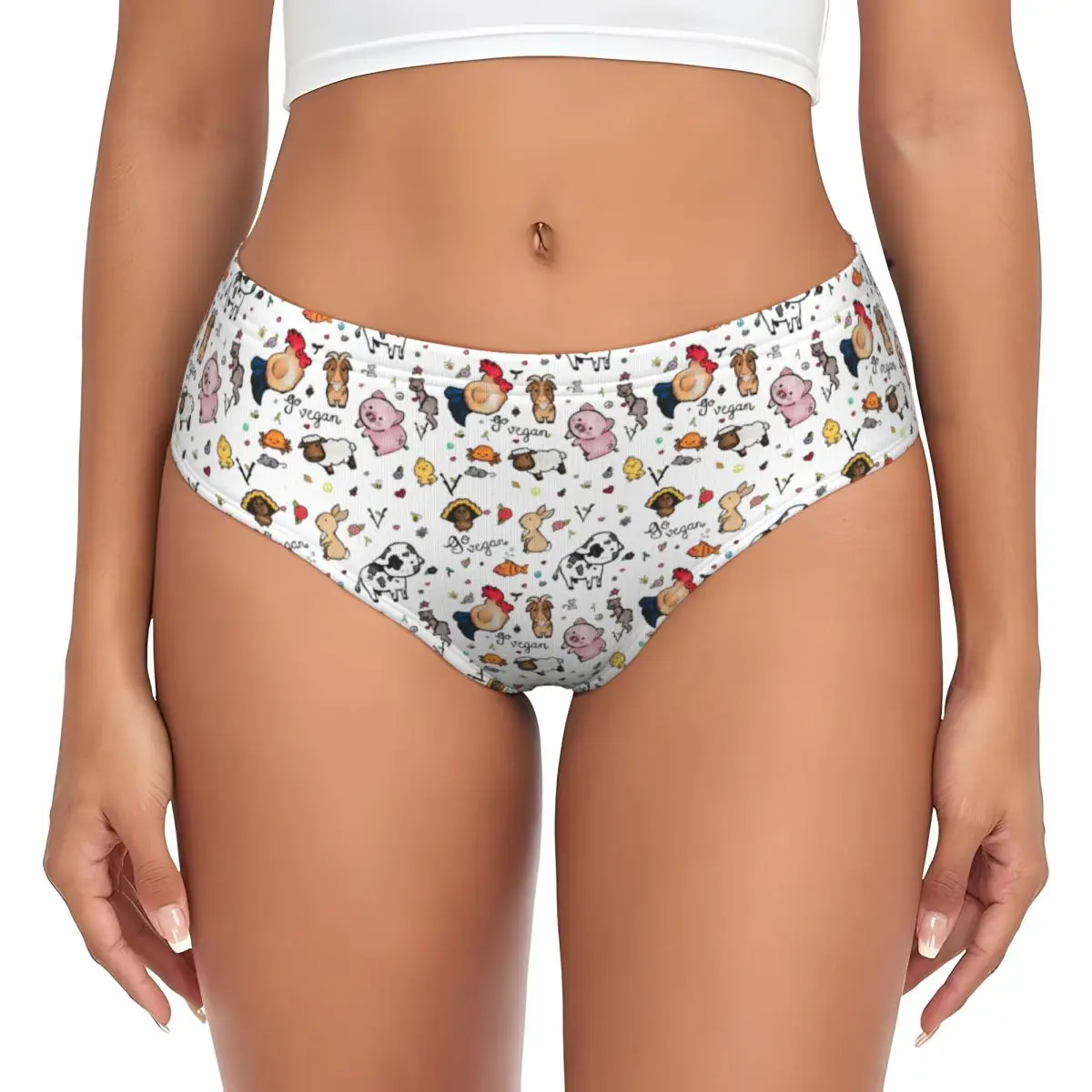 Custom Vegan Pattern Pig Rabbit Brief Panties Women's Stretch Underwear Valentine's Day Gift Underpants