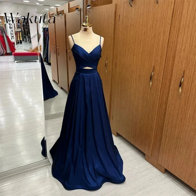 Wakuta Italian Noodle Strap Evening Dresses Solid V-neck Off Shoulder Elegant Ball Vestidos A-Line Formal Party Evening Gowns