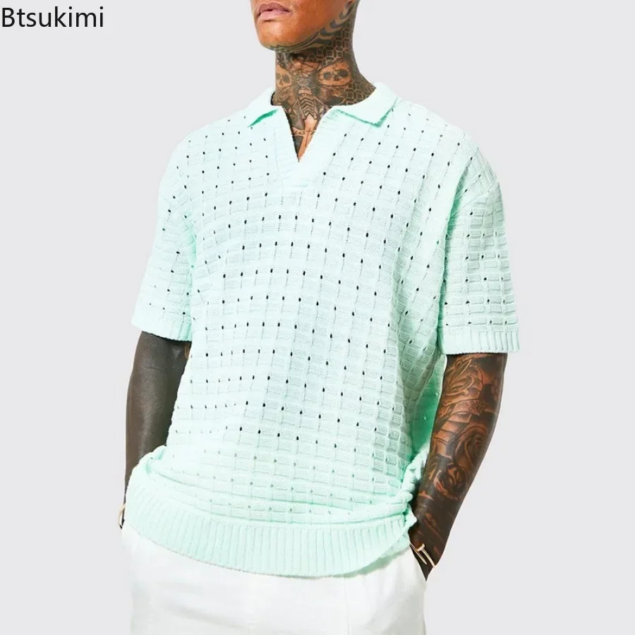 New 2024 Spring Summer Men\'s Sweater Polo Shirt Short Sleeve Business Shirt Man Solid Knitting Polo Casual Tees Tops Shirts Male