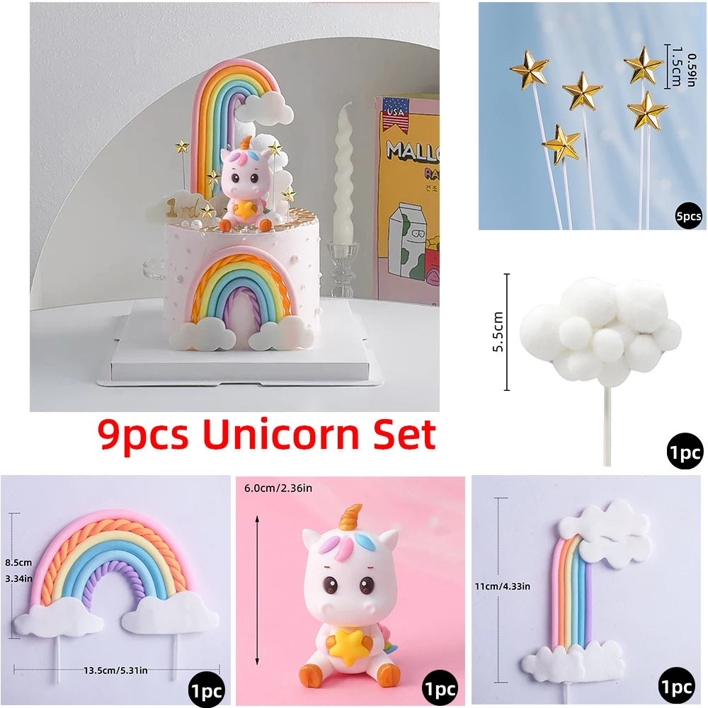 Unicorn Star Cake Toppers Colored Rainbow Clouds for Birthday Rainbow Themed Cake Decoration Girl\'s Years Old Party Supplies