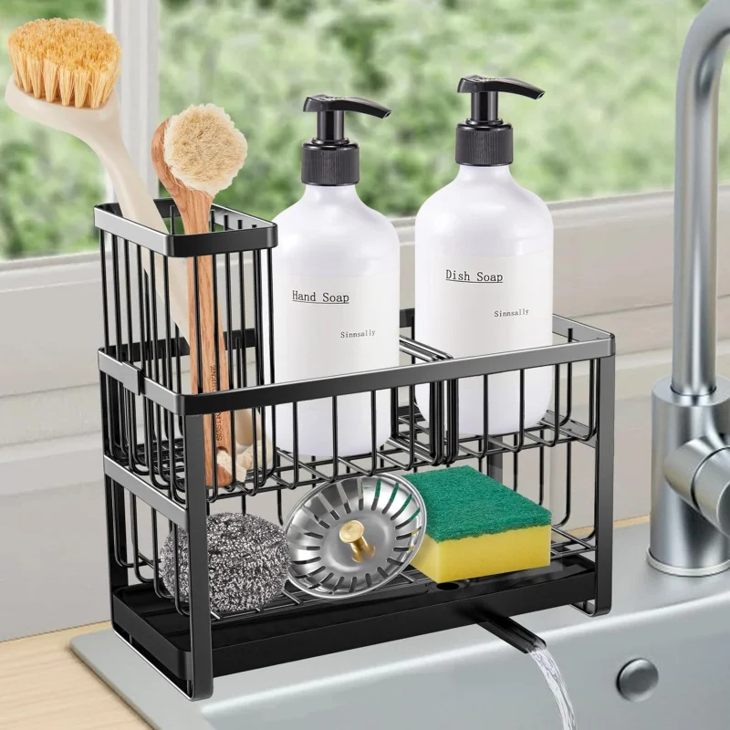 

Sinnsally Sponge for Kitchen Organizer Caddy,2 Tier Dish Brush Scrubber Holder,Stainless Steel Sink Box Utensil Hold