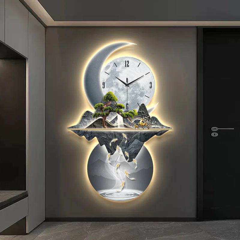 Nine Fish Graph Entrance Hall Wall Clock Large-Scale LED Digital Clock Corridor Mural Lamp Villa Quartz Clock Watch Home Decor