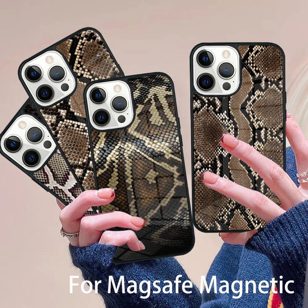 

Cobra Python Snake Skin Phone Case Magesafe Magnetic Wireless Charge Cover For IPhone 16 11 12 13 14 15 Pro Max Plus Mini