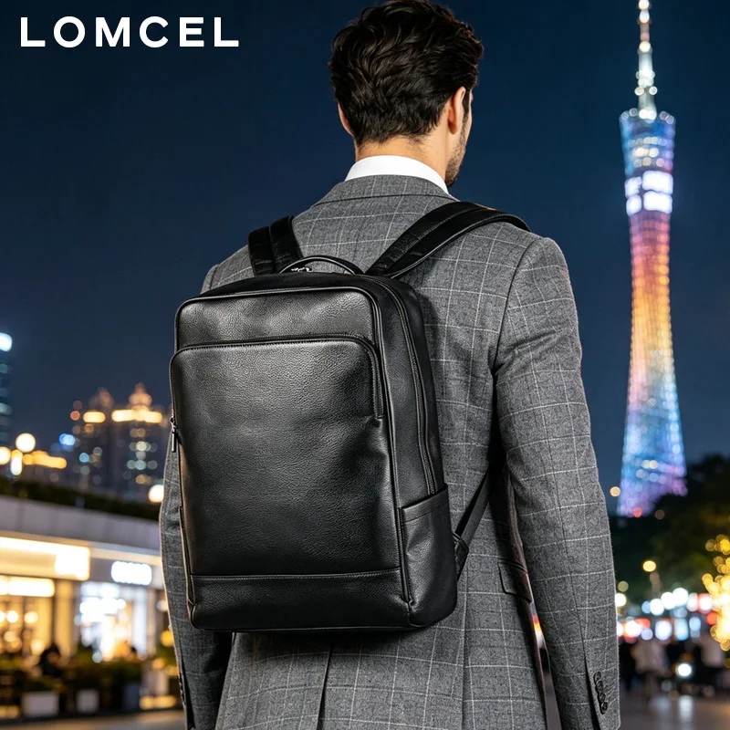LOMCEL 11 New men's backpack - simple and fashionable, made of top-grade cowhide, double-shoulder bag with large capacity