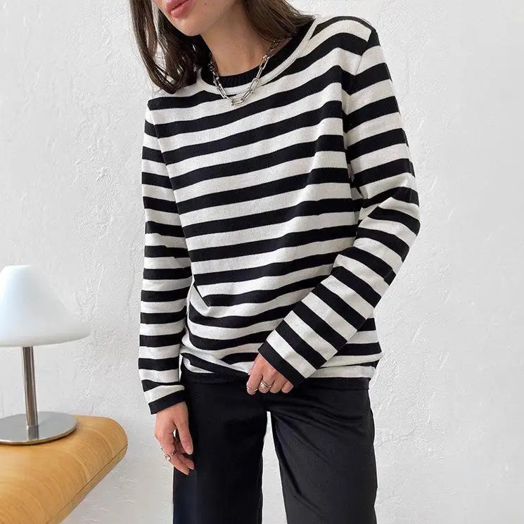 

Трикотажный свитер в полоску для повседневной носки, базовый слой, с геометрическим узором, длинный рукав, стандартный крой