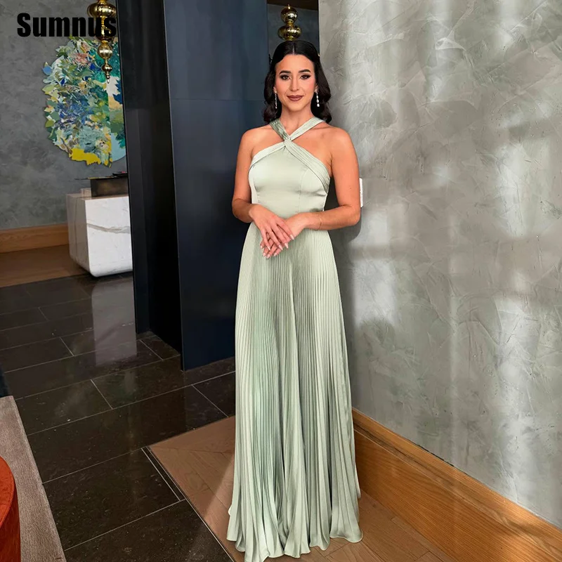 

Sumnus Elegant Light Green Evening Dresses Halter A-Line Draped Floor Length Formal Dresses robes de soirée Customized