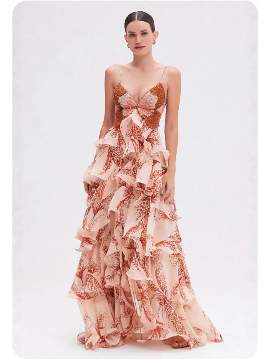 シックな蝶プリントフリルプリーツドレス女性セクシーな V ネックバックレスタイアップロングドレス夏ノースリーブ中空アウトボヘミアンティアード