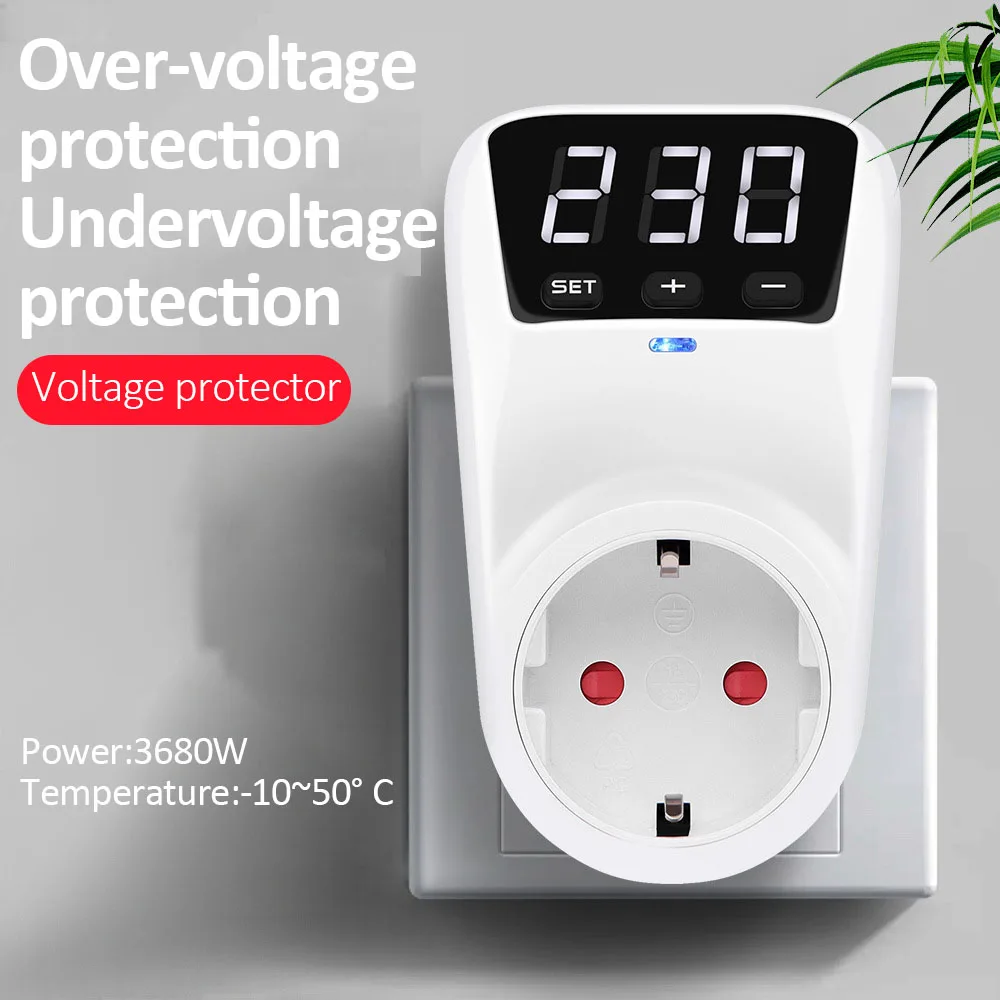 Ajustável Digital Protetor de Tensão Soquete, Power Surge Socket, Função de Reset Automático, EU Plug, AC 230V, 16A