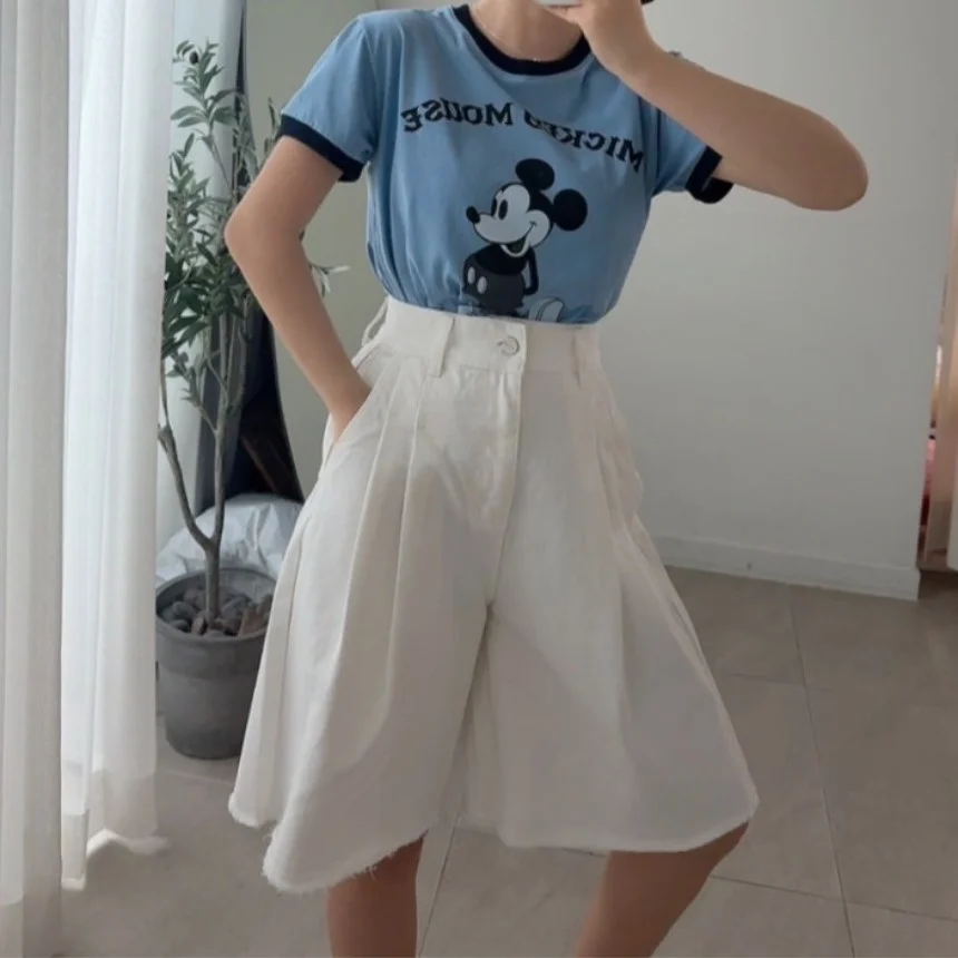 High Waist A-Line Loose Fit Denim Capri Pants with Frayed Hem Chic Korean Style Casual Jeans for Women Mid-Calf Length