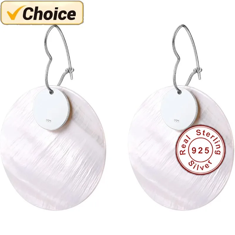 

925 Sterling Silver Fine Jewelry Fish Hook Hypoallergenic White Round Shell Dangle Drop Earrings (40mm)