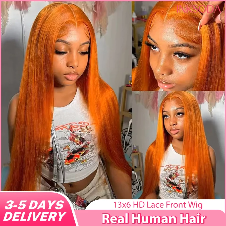 

36-дюймовый парик с прямым краем из натуральных волос, 220% плотность, имбирно-оранжевый цвет, для женщин, идеально прямые волосы, парик с фронтальной вставкой 13x6. # 350 цветных штук