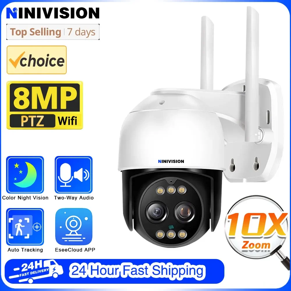 4K 8MP WiFi Outdoor IP Camera 10x PTZ Zoom Color Night Vision Camera Automatic Tracking Security Protection Monitoring IP CCTV