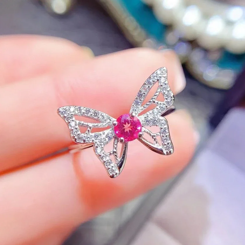 925 Sterling Silver Butterfly Ring for Women 4mm 0.3ct Natural Topaz Ring 18K Gold Plated Pink Topaz Jewelry