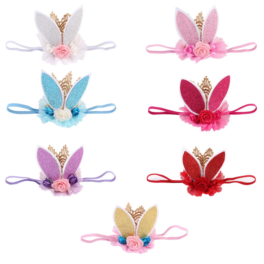 

Rabbit Ears Flower Headband Light Pink Crown Hairband for Baby Girls Elastic Kids Hairband Party Headwear Girls Headbands