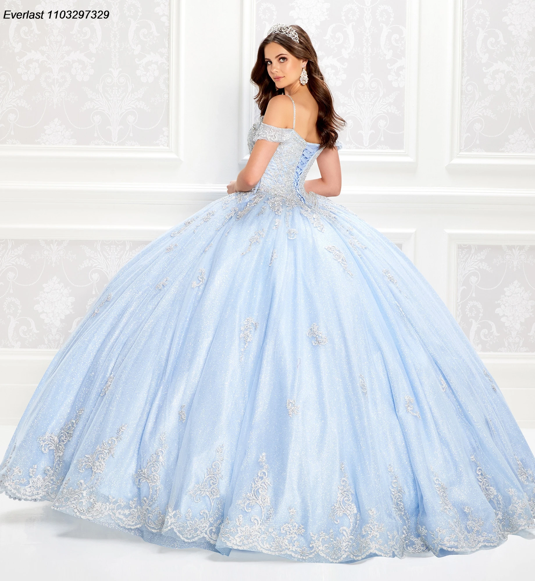 EVLAST Customized Blue Quinceanera Dress Ball Gown Lace Applique Beading Crystal Off Shoulder Sweet 16 Vestido De 15 Anos TQD353