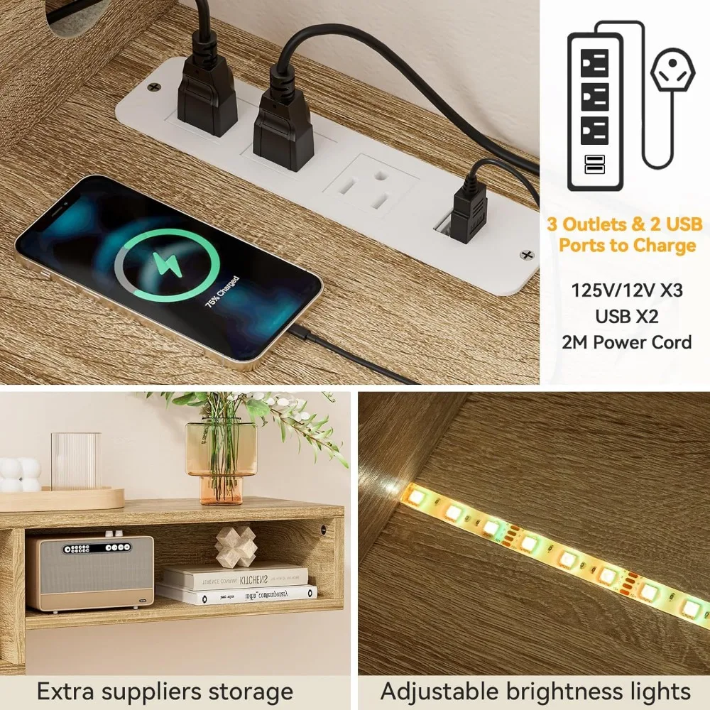 حامل تلفزيون عائم بإضاءة LED مقاس 71 بوصة مع مخرج طاقة ورف تخزين لأجهزة التلفاز المثبتة على الحائط ووحدات الوسائط والترفيه #5